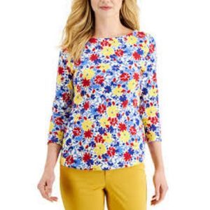 Charter Club Boatneck Floral-Print 3/4-Sleeve Cotton Top Medium